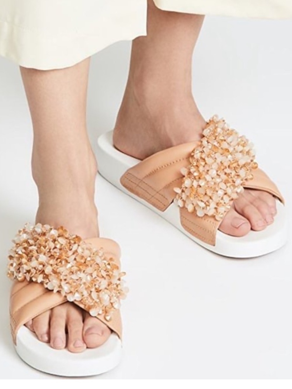 Tory Burch Logan EMBELLISHED BEADS NATURAL TAN ROSE LEATHER SLIDE SANDALS S-7